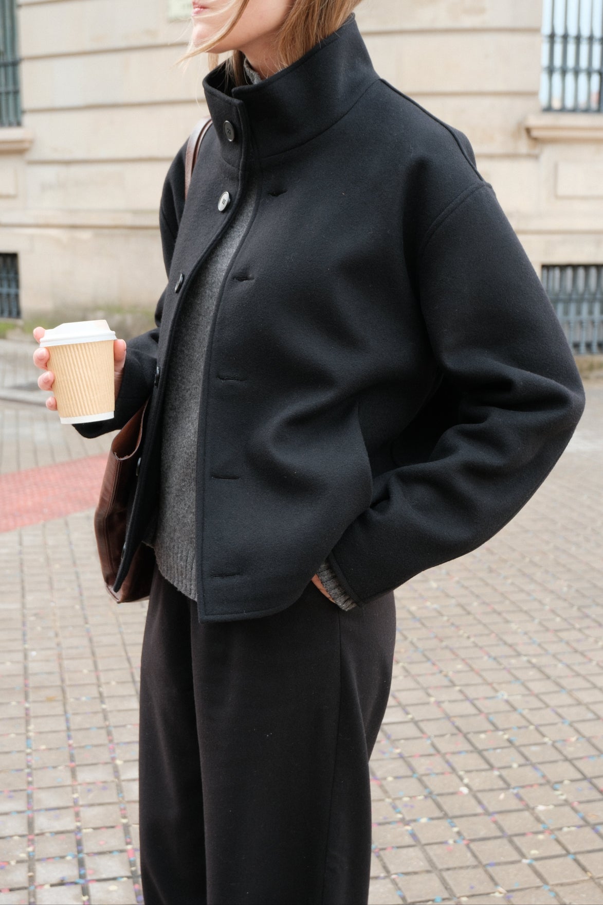 High Collar Wool Jacket - Black | 6-BUTTON STYLE SAMPLE