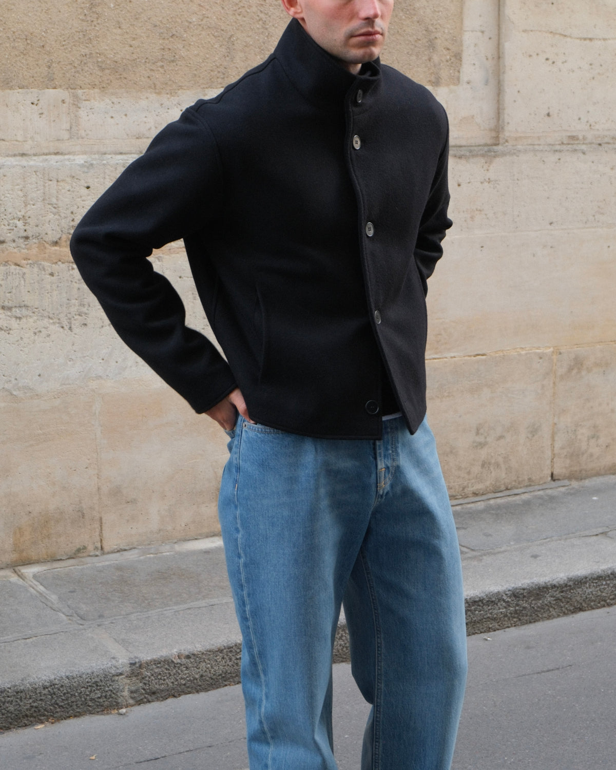 High Collar Wool Jacket - Black