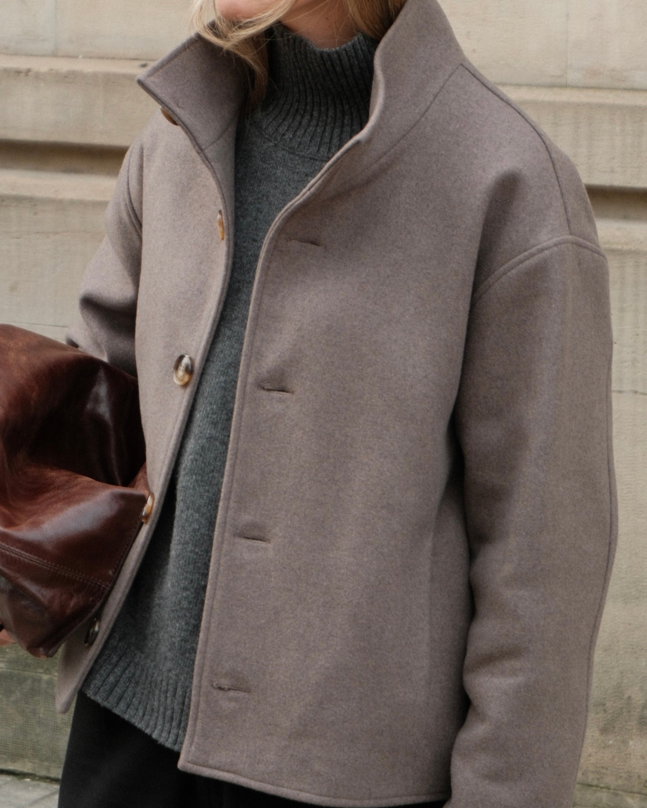 High Collar Wool Jacket - Taupe