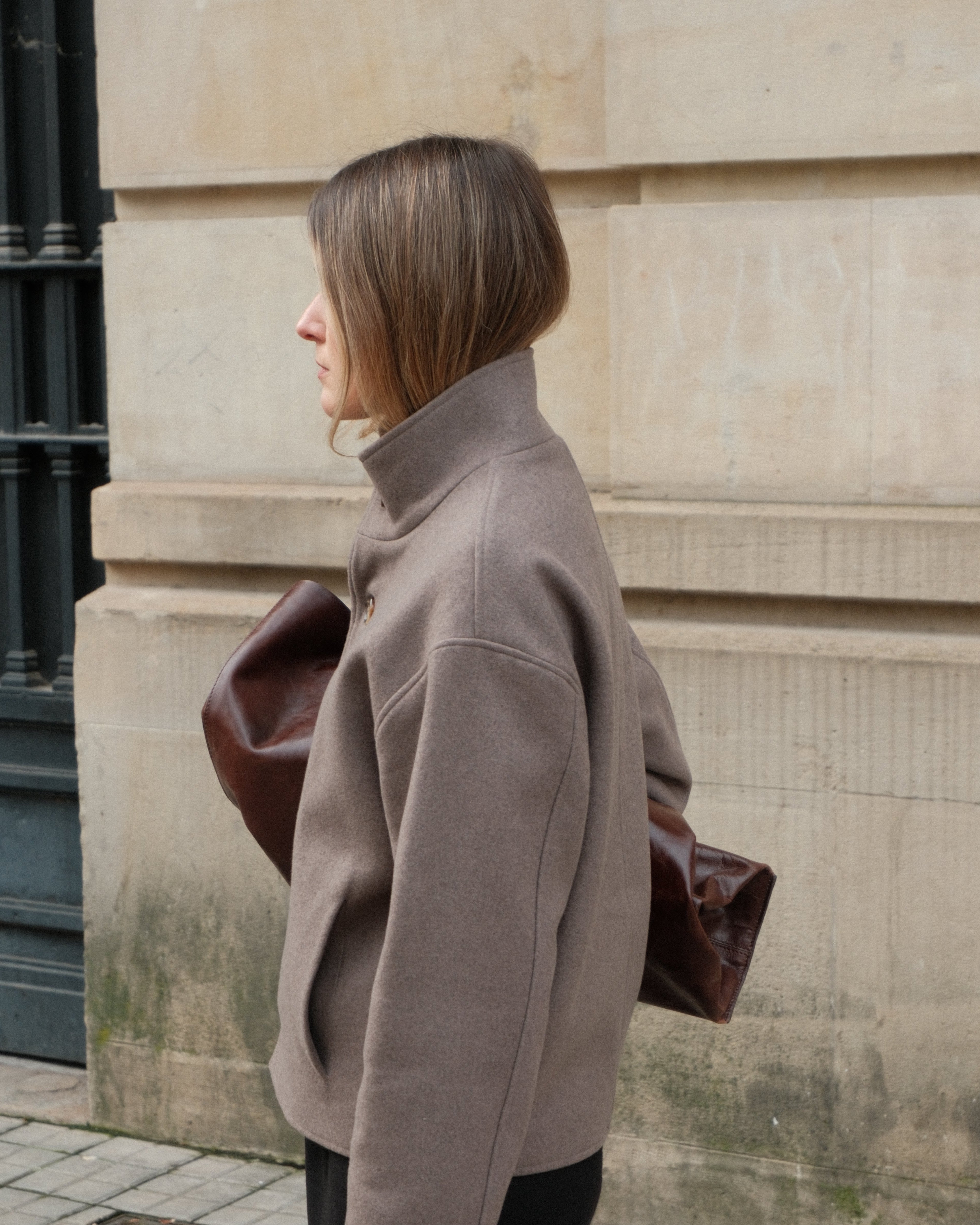 High Collar Wool Jacket - Taupe