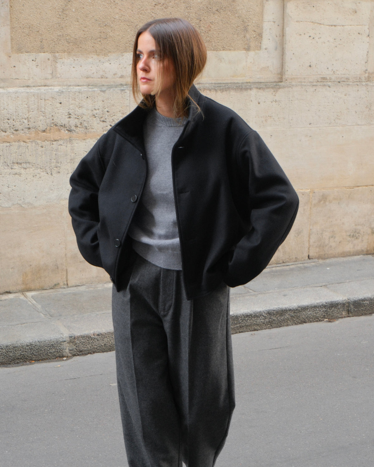High Collar Wool Jacket - Black