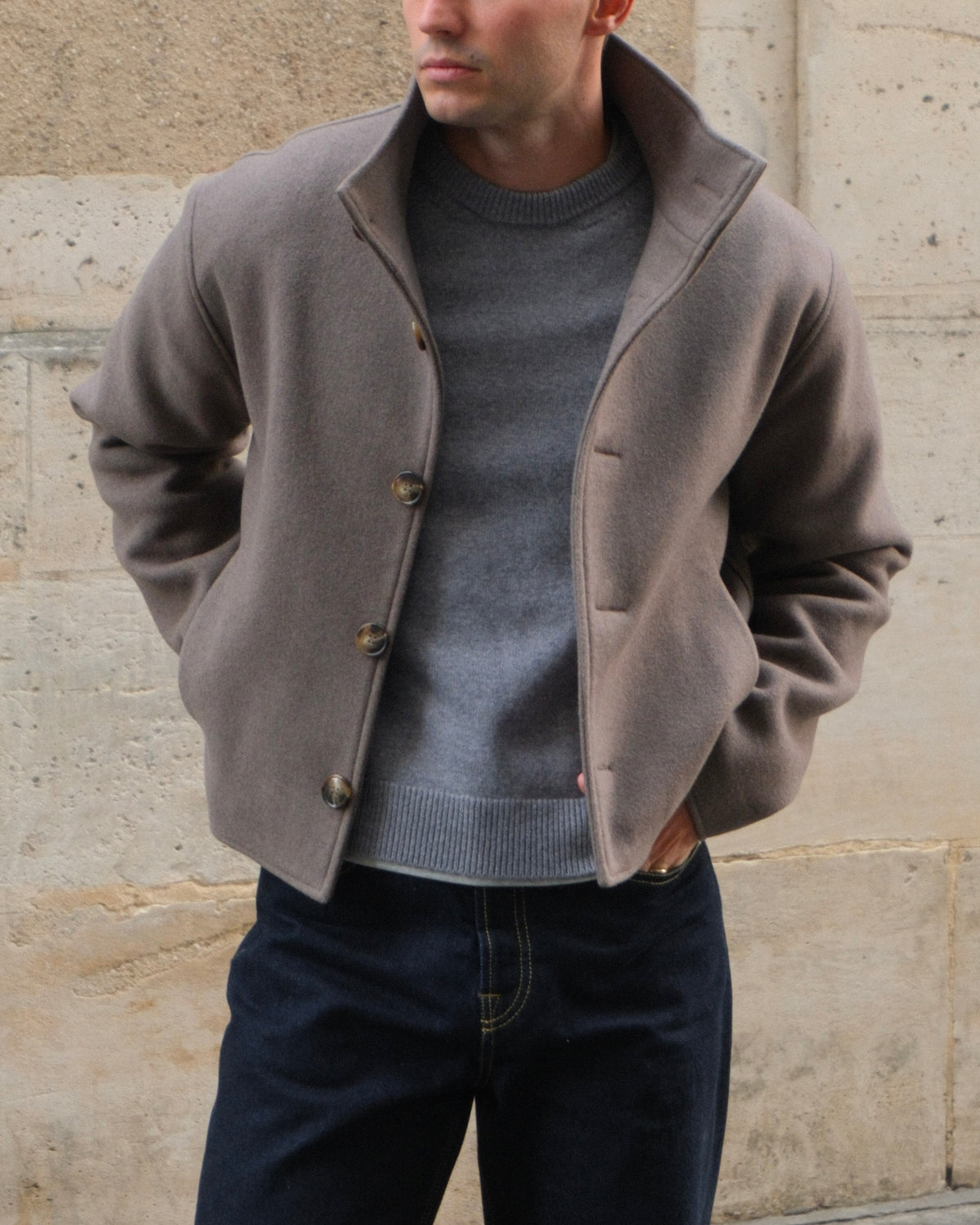 High Collar Wool Jacket - Taupe