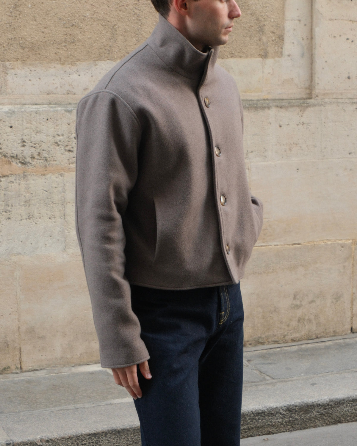 High Collar Wool Jacket - Taupe