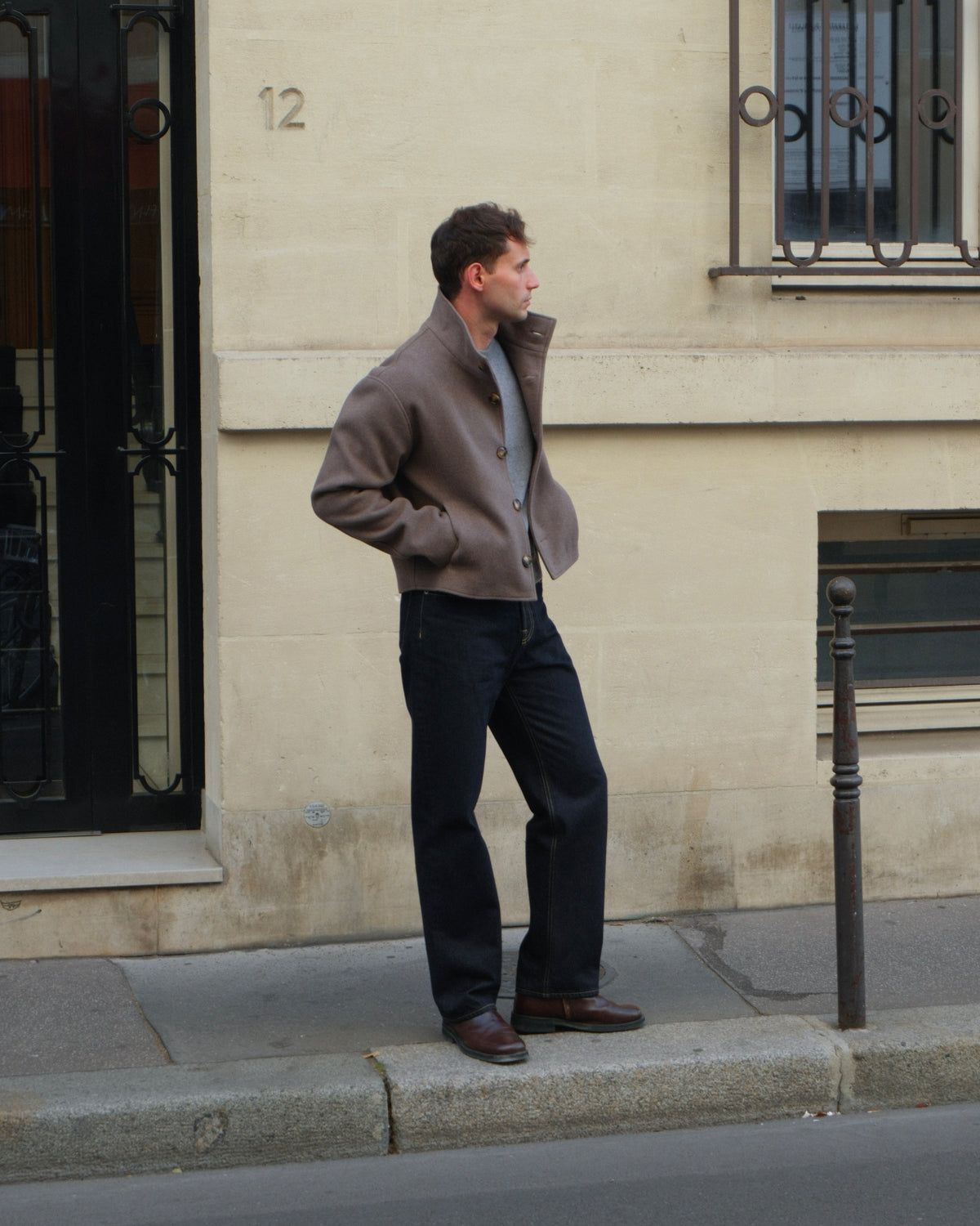 High Collar Wool Jacket - Taupe